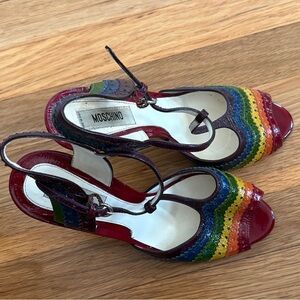 Moschino Rainbow Scalloped Peep-Toe Slingback Heels